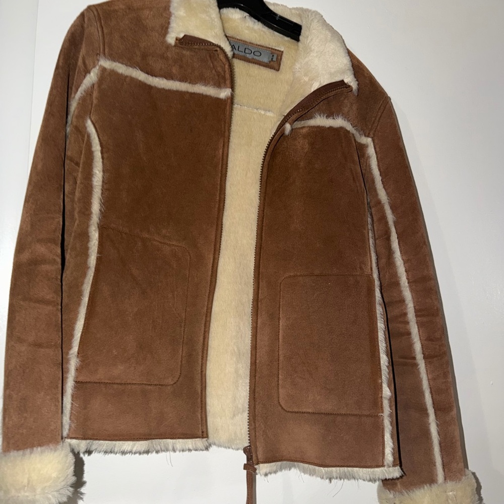 Aldo Brown and cream shearling leather coat